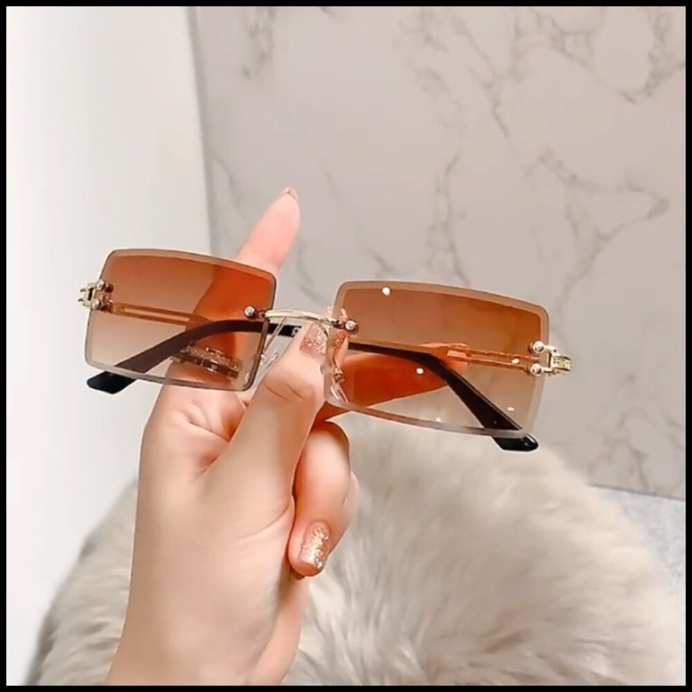 Rectangular Rimless Sunglasses Retro Y2K Trendy G… - image 7